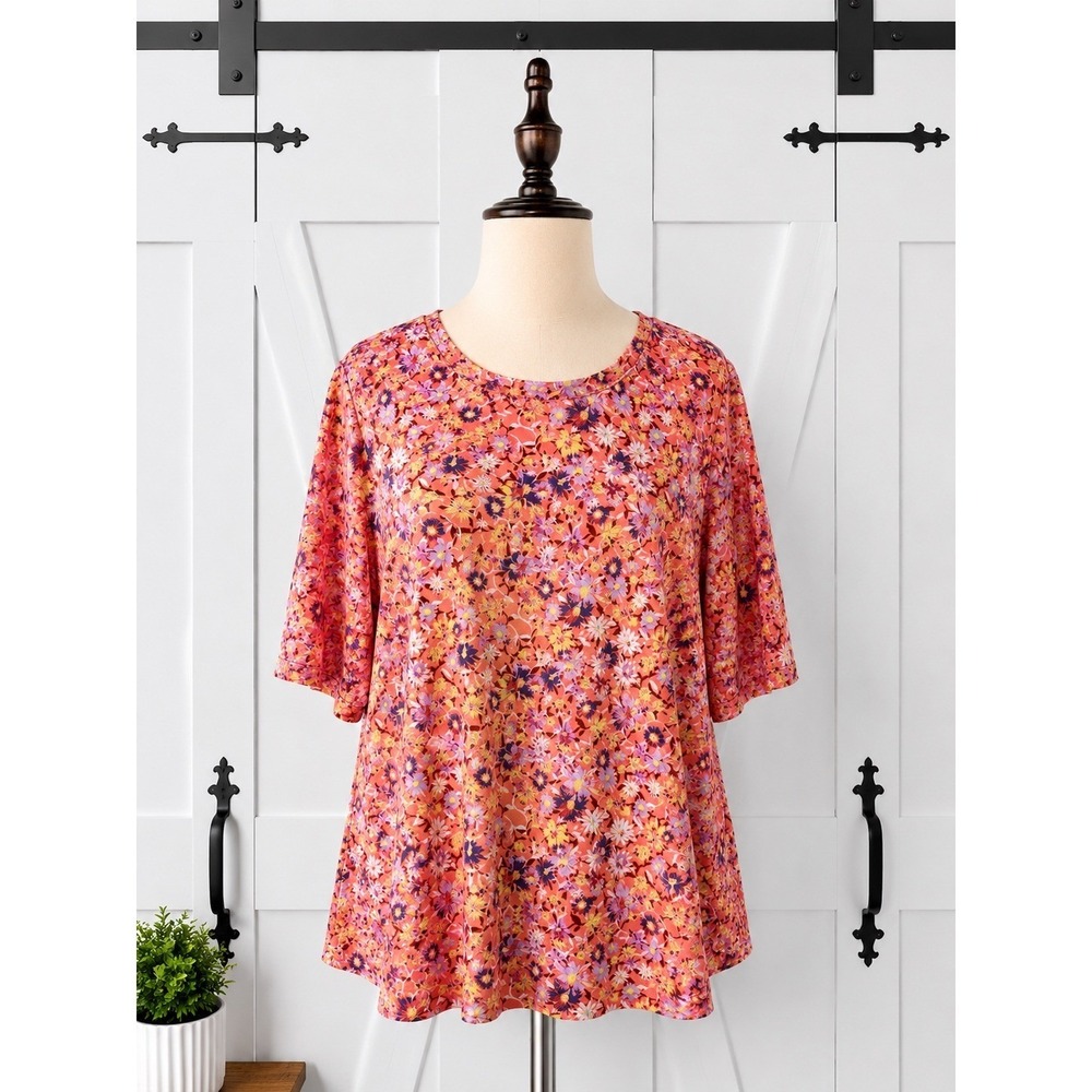 LOGO Layers Printed Sheer Mesh Elbow Sleeves Top Orange Floral Size 3X Marigold